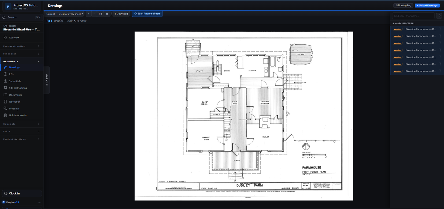 ProjectOS drawings viewer showing a floor-plan sheet with the sheet index